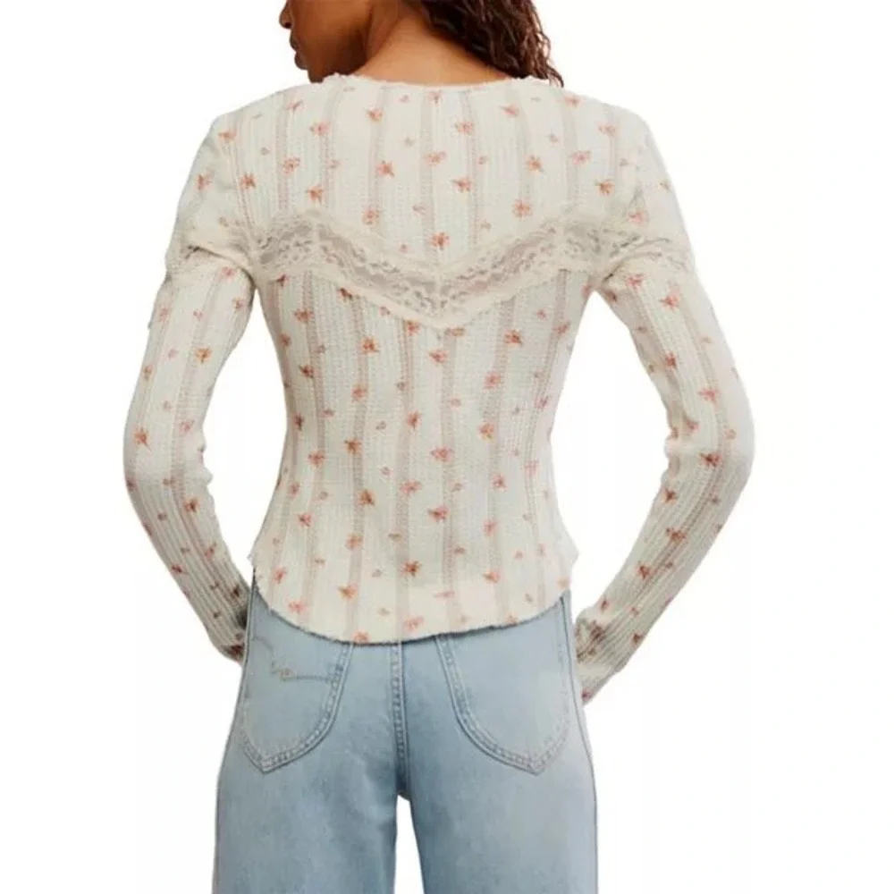 Free People Lets Party Floral Lace Trim Cotton Waffle Knit Cardi Top Cream XS
